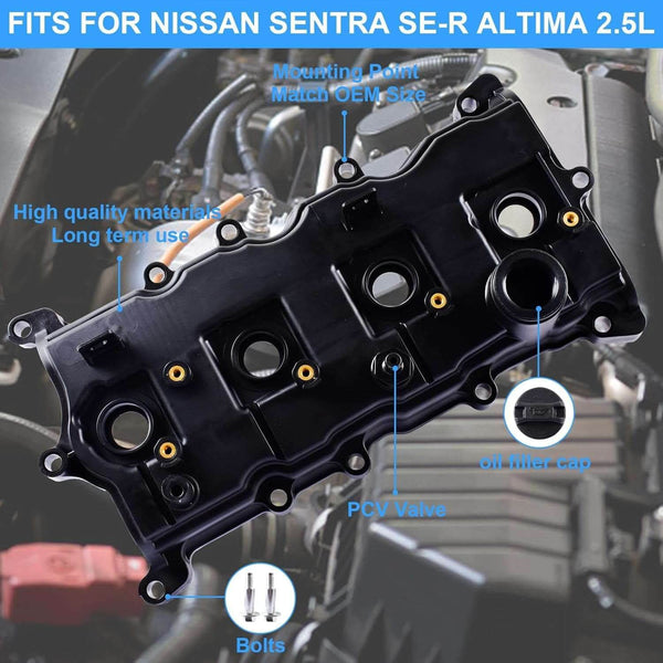 SUSUCAR Engine Valve Cover with Gasket Bolts & Oil Cap Compatible with 2007-2012 for Nissan Altima Sentra SE-R 2.5L Replace# 13264-JA00A 13270-JA00A