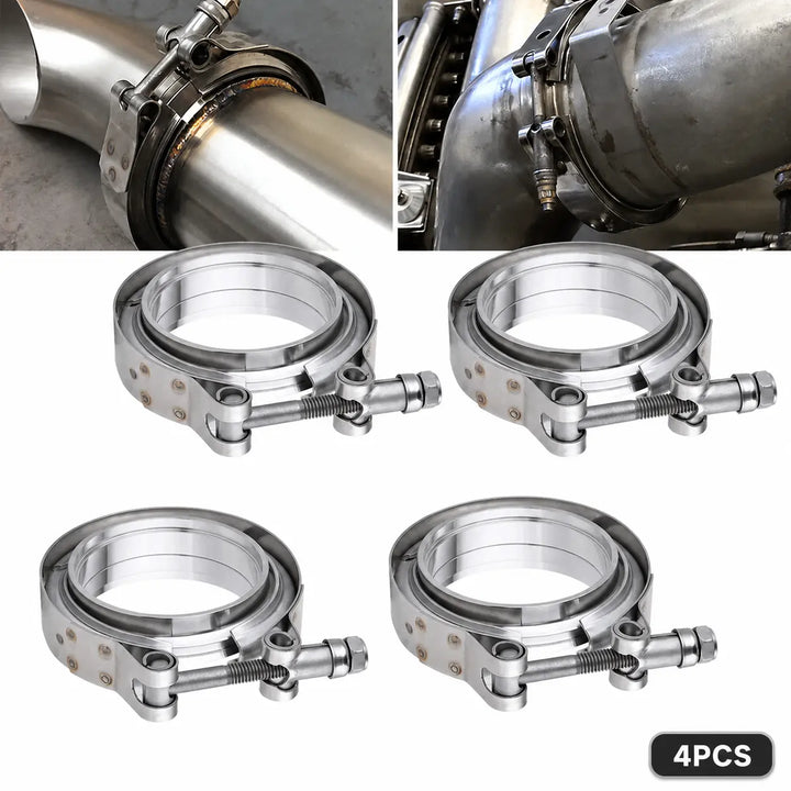 4-Pack 3" Stainless Steel V-Band Clamp & Flange Kits for Exhaust Downpipes