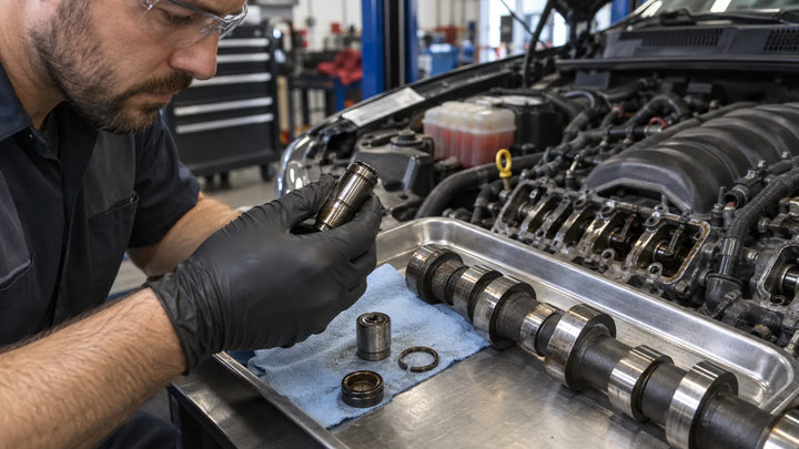 Technician inspecting a hydraulic roller lifter and camshaft during a 5.7 HEMI diagnosis