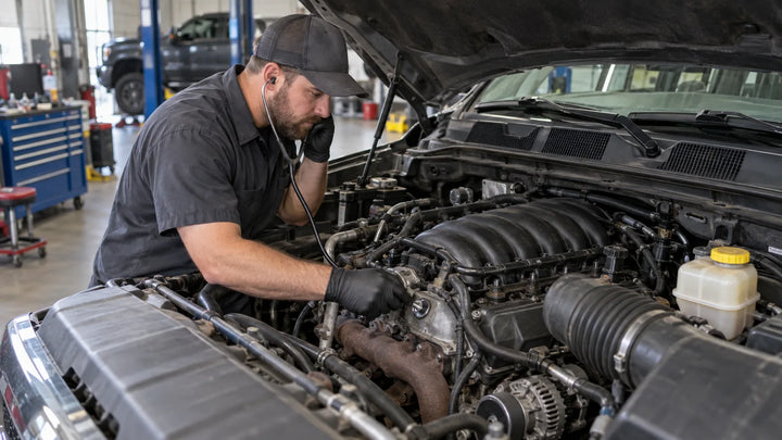 Technician using an automotive stethoscope to locate a ticking noise in a V8 engine bay
