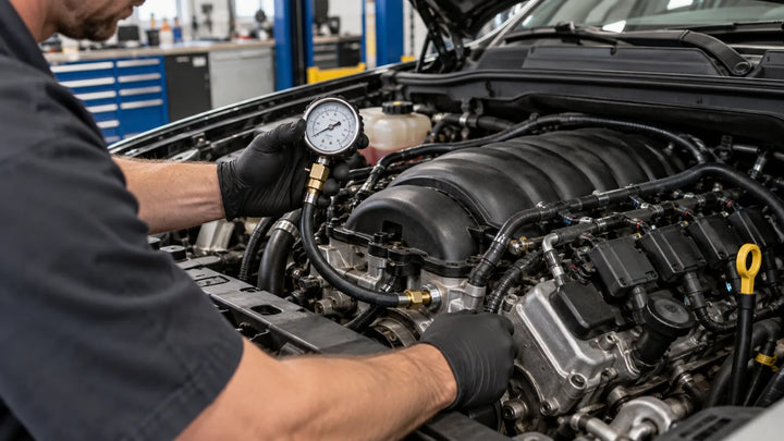 Technician checking engine oil pressure with a mechanical test gauge in a V8 engine bay