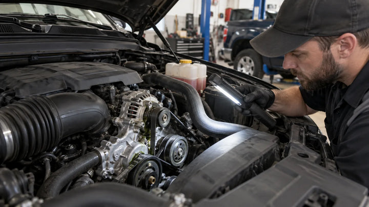 Technician inspecting the water-pump area of a Ram-style V8 cooling system for leakage