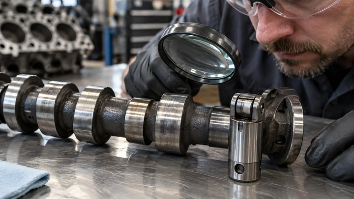 Mechanic inspecting a hydraulic roller camshaft lobe and lifter on a clean workbench