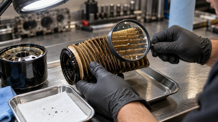 Technician examining debris from an engine oil filter under a bright inspection light
