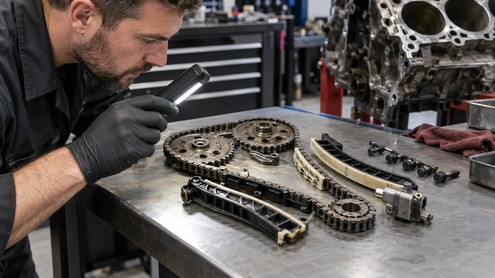 Mechanic inspecting timing-chain components from a V8 engine on an organized workbench