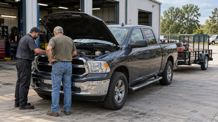 Full-size pickup with a trailer parked at a repair shop for a power-loss diagnosis