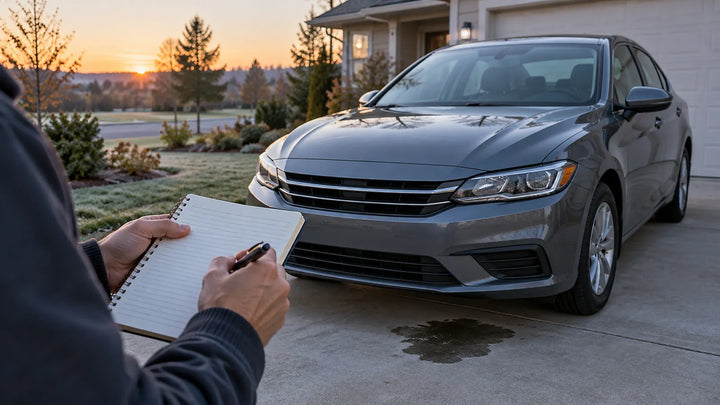 Person recording a damp patch beside a parked car on a morning driveway
