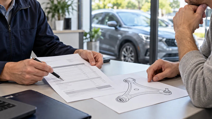 Hands reviewing an estimate and a generic suspension-arm drawing at a repair counter