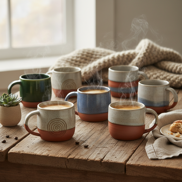 Artisanal ceramic mugs arranged on a rustic wooden table with soft natural light.