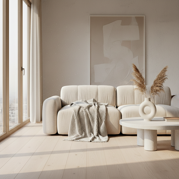 A cozy, sunlit living room with a soft sofa and decorative elements.
