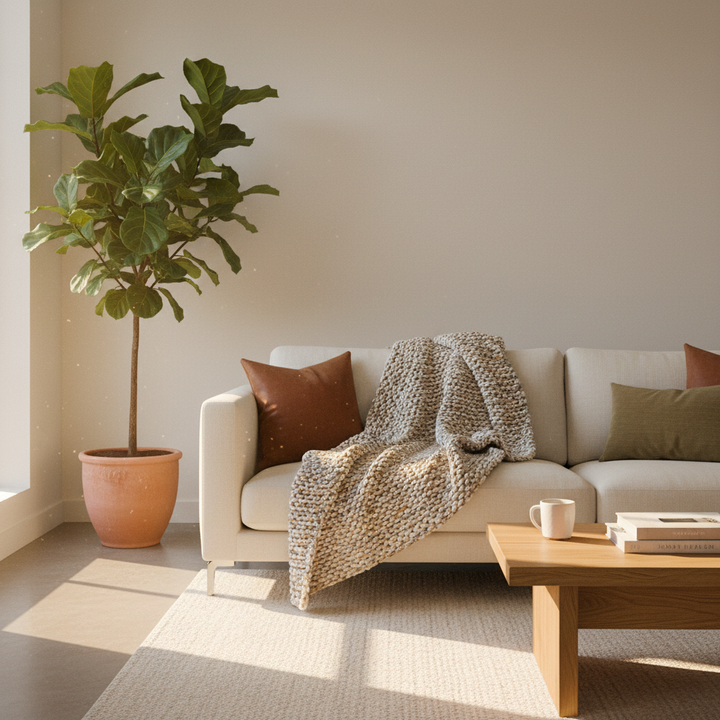 A soft, textured throw blanket artfully draped over a minimalist sofa in a sunlit room.