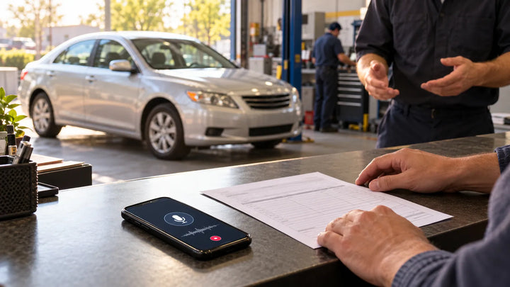 Owner reviewing a repair invoice and phone record at a service counter