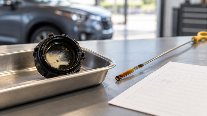 Generic oil filler cap with pale residue beside a dipstick and observation sheet