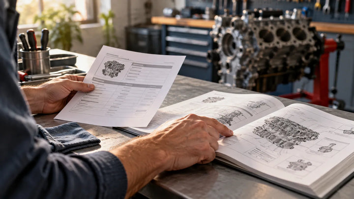 Hands reviewing an engine identification worksheet beside an open service manual on a workshop bench
