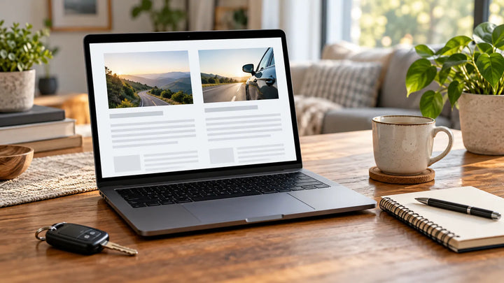Laptop displaying an abstract reading layout beside a notepad and an unbranded car key