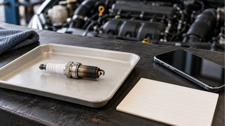 Spark plug on an inspection tray beside a phone and a blank observation card