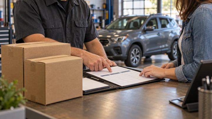 Hands comparing a parts checklist beside plain boxes at a repair counter