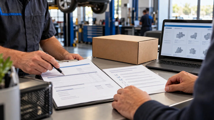 Hands reviewing a repair estimate and application checklist at a service desk