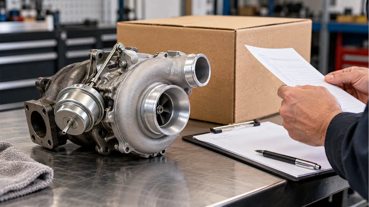 Generic turbocharger beside a plain carton and repair paperwork on a counter