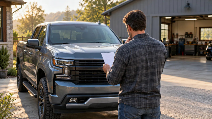 Person reviewing a written symptom record beside a parked pickup with its hood closed