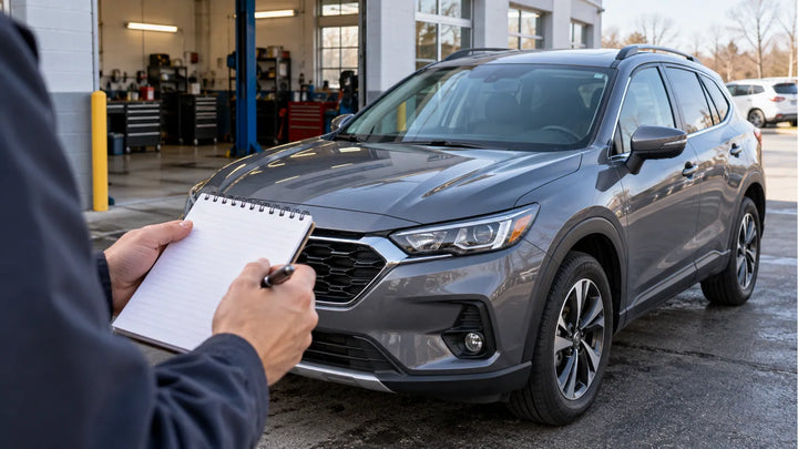 Owner recording notes beside a parked crossover outside a repair shop