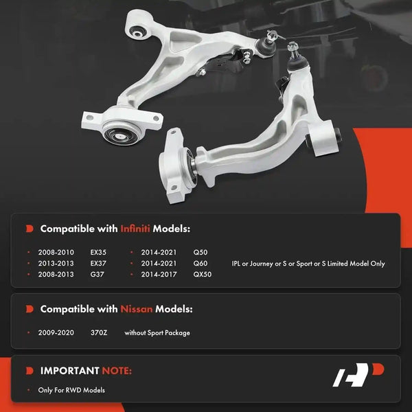2PCS Front Lower Control Arms with Ball Joints for Infiniti Q50 Q60 EX35 EX37 QX50 / Nissan 370Z RWD (2009–2020) – Replace 54501-1BD2B & 54500-1BD2B