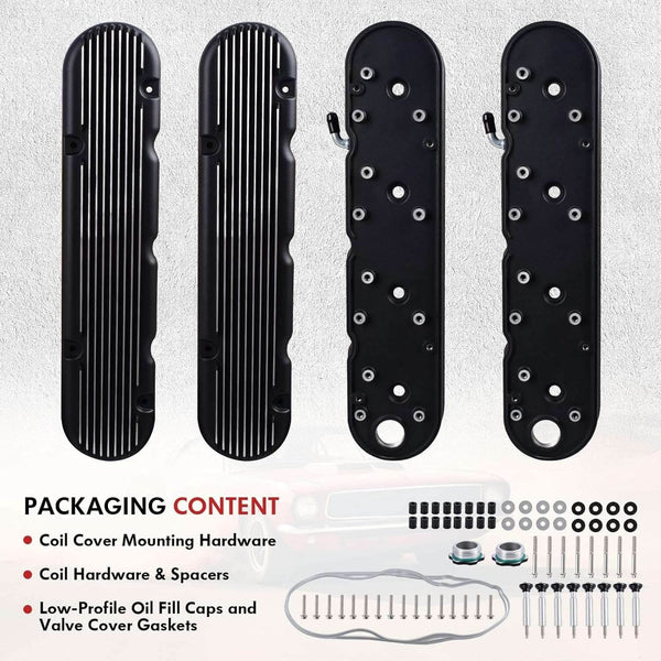 SUSUCAR Aluminum Finned Valve Covers for Chevy Small Block SB V8 293 325 376 427,Valve Covers w/Coil Mounts and Covers- Black LS1 LS2 LS3 LS6 LS7