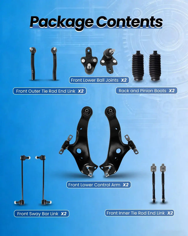 Front Suspension Kit for 2009-2016 Toyota Venza package contents with 12 front-end components